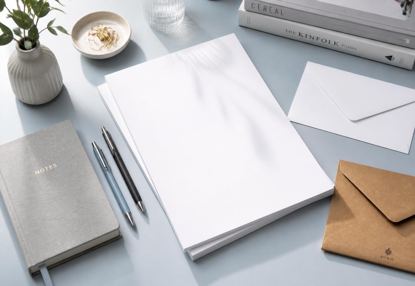 Tidy writing desk with A4 paper, white and brown envelopes, a notebook and pens